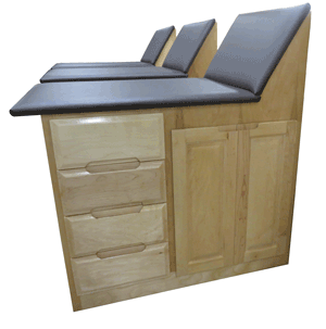 Three Seat Pro Taping Station, with Pro Taping Cabinets with Optional Full Side Storage, and Pro Three Drawer Supply Cabinets, with Optional Top Tray
