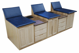 Two Seat Pro Taping Station, with Pro Taping Cabinets with Backrests, and Pro Three Drawer Supply Cabinet with Wastebin Top 