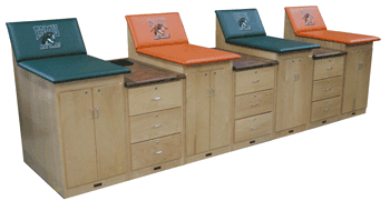 Four Classic Taping Station, with Classic Taping Cabinets with Backrests and Optional Embroidered Team Logo, and Classic Three Drawer Supply Cabinets 
