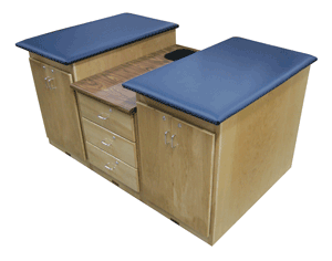 Two Seat Classic Taping Station, with Classic Taping Cabinets with Backrests, and Classic Three Drawer Supply Cabinet with Wastebin Top